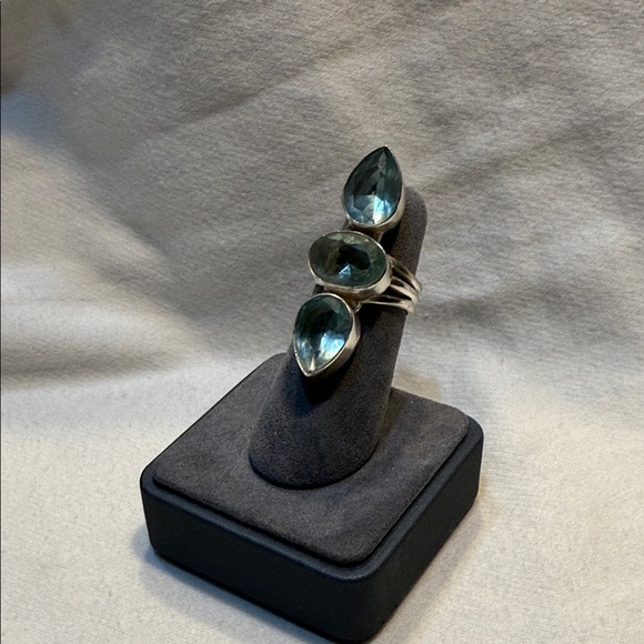 Sterling Silver Ring with Light Aqua Blue Gemstones - Picture 2 of 6